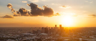 Aerial photograph of the Houston skyline at sunset
